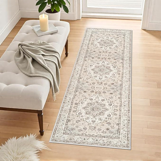 Washable Hallway 2x6 Runner Rugs: Oriental Non-Slip Kitchen Carpet Distressed Low Pile Indoor Rug for Bedroom Entryway Vintage Soft Non Shedding Floor Mat for Living Room Bathroom (2x6,Cream/Beige)