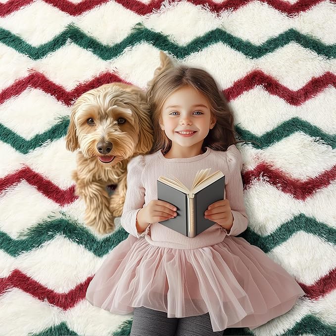 RUGTUDER Ultra Soft 5x8 Rugs Fluffy for Living Room, Washable Fuzzy Furry Rug for Bedroom, Non Slip Shaggy Striped Chevron Carpets for Girls Boys Room Teens Dorm Playroom Office, Cream Red Green