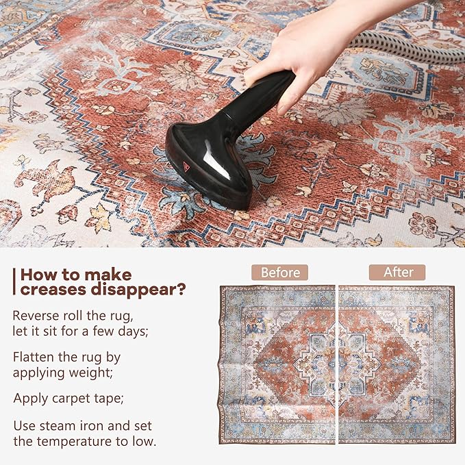 YJ.GWL Large Area Rug for Living Room, 5x7 Machine Washable Boho Rug for Bedroom, Low Pile Lightweight Thin Rugs Floral Vintage Distress Print Pattern Carpet for Dining Room, Brick