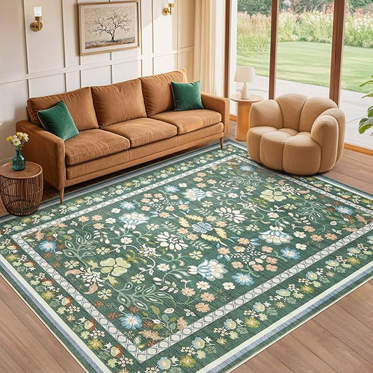 10x14 Area Rug Living Room Rugs - Washable Boho Vintage Floral Large Soft Non Slip Thin Rug Low Pile Carpet for Bedroom Dining Room Kids Playroom Office Decor Indoor- Green