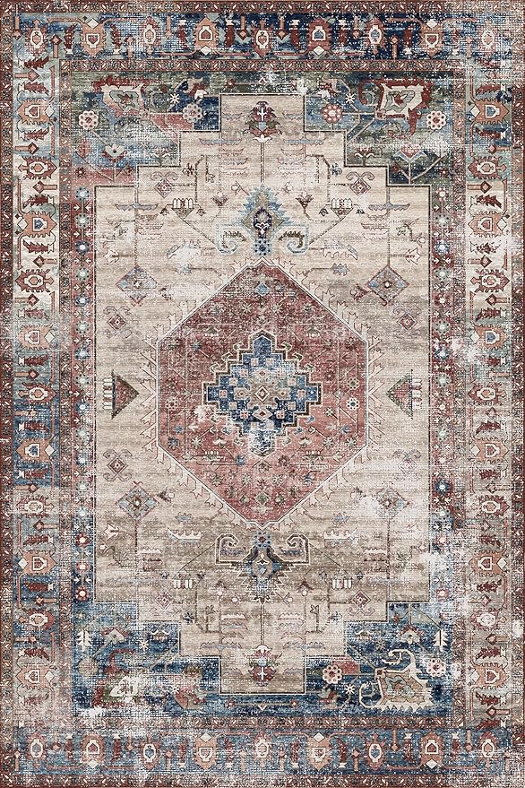 Yancorp 5'x7' Boho Area Rug for Bedroom Non Slip Washable Rug Vintage Carpet Living Room Floor Mats Big Area Rug for Dining Table Retro