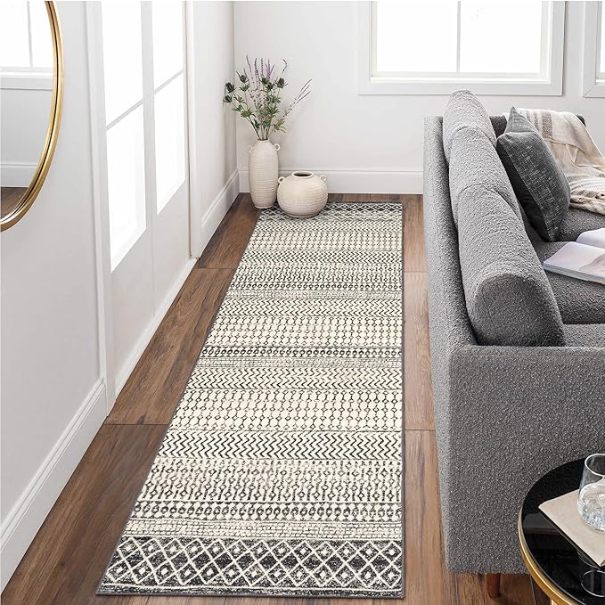 Moroccan Hallway Runner Rug, 2x8 Ultra Soft Runner Rugs with Rubber Backing Non Slip, Washable Bathroom Runner Rug Distressed Floor Carpet Runner for Entryway Kitchen Bedroom Laundry Room