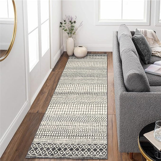 Moroccan Hallway Runner Rug, 2x8 Ultra Soft Runner Rugs with Rubber Backing Non Slip, Washable Bathroom Runner Rug Distressed Floor Carpet Runner for Entryway Kitchen Bedroom Laundry Room