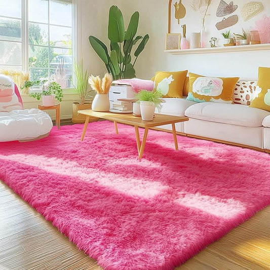 OLANLY Area Rugs for Living Room Bedroom, Machine Washable 4x5.9 Feet Soft Fluffy Shaggy Bedside Rug, Indoor Floor Carpet for Kids Girls and Boys, Dorms, Nursery Rooms, Home Decor Aesthetic, Hot Pink