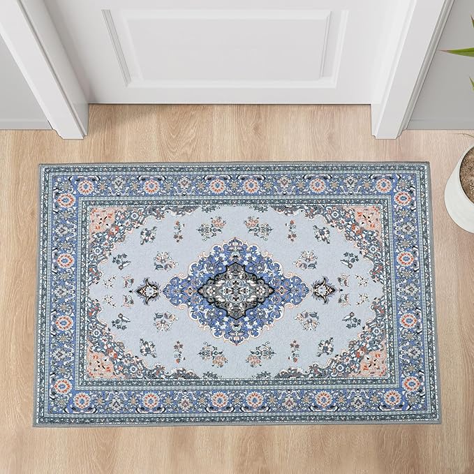 Tepook 2x3 Vintage Washable Rug - Non-Slip Low-Pile Door Mat for Entryway, Kitchen, Bedroom, Bathroom, Foyer - Indoor Throw Rug in Blue/Grey