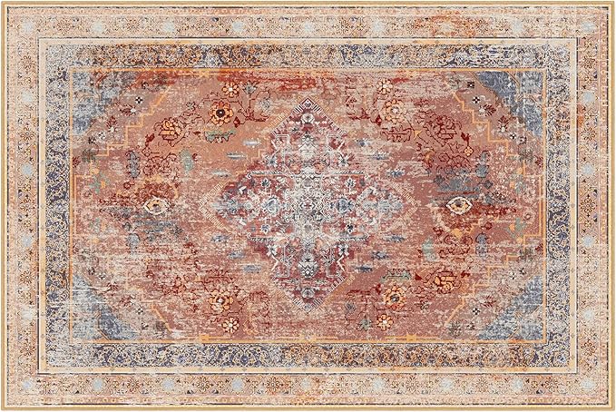 Phantoscope Vintage Collection Area Rug 5'x7' for Living Room - Washable Rug Large Boho Carpet Non-Slip for Bedroom Dining Room, Indoor Low-Pile Neutral Distressed Accent Rug, Rust/Multi