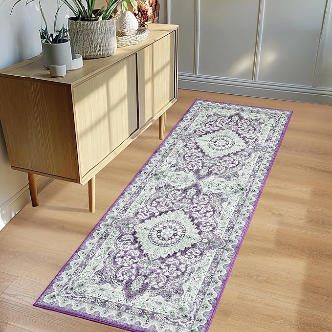 Foxmas Hallway Runner Rug, 2x6 Vintage Kitchen Runner Area Rugs Non Skid Washable, Low Pile Throw Rugs with Rubber Backing Carpet for Laundry Room Entryway Bedroom Home Decor, Purple