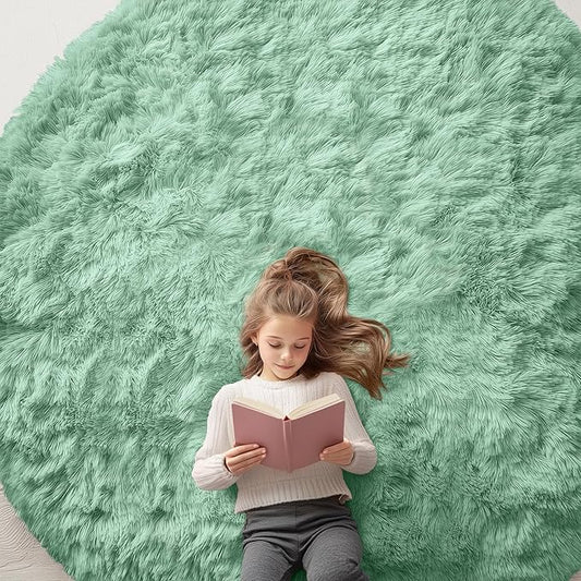 OLANLY Mint Green Round Rugs for Bedroom - Machine Washable, 8x8 Feet Circle Area Rugs for Living Room, Soft and Fluffy Shaggy Carpet for Teen Girl and Boys, Dorms, Nursery Rooms, Home Decor Aesthetic