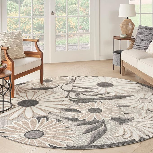 Nourison Aloha Indoor/Outdoor Beige 7’10” x Round Area Rug, Easy Cleaning, Non Shedding, Bed Room, Living Room, Dining Room, Backyard, Deck, Patio (8 Round)