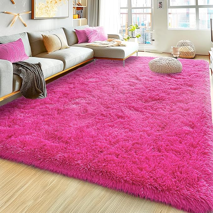 Ultra Fluffy Area Rugs for Living Room Bedroom, 6x9 Fuzzy Large Living Room Rugs, Thick Shag Rug for Dorm, Soft Non Slip Kids Girls Boys Rug for Home Decor Aesthetic, Hot Pink
