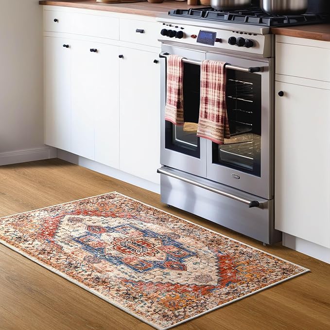 YJ.GWL Doormat Boho Area Rug 2x3, Machine Washable Small Low Pile Lightweight Thin Entryway Rug, Floral Vintage Distress Print Pattern Carpet for Entrance Kitchen Bedroom, Orange