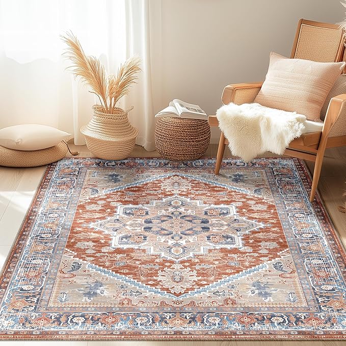 BESTSWEETIE 3x5 Area Rugs for Living Room Washable Non Slip Carpet Low Pile Soft Vintage Print Pattern Rug for Bedroom Dining Room Kitchen Entryway Indoor-Brick/Blue/Light Ivory
