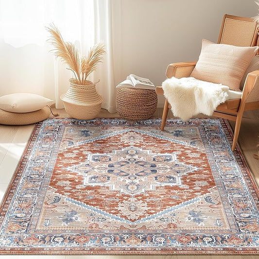 BESTSWEETIE 3x5 Area Rugs for Living Room Washable Non Slip Carpet Low Pile Soft Vintage Print Pattern Rug for Bedroom Dining Room Kitchen Entryway Indoor-Brick/Blue/Light Ivory