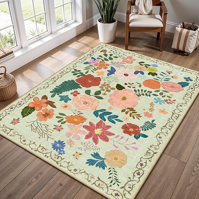 YOUFORTONG Washable Rug 3x5 Area Rugs: Soft Ultra Thin Low Pile Mat Machine Washable Indoor Doormat Lightweight Entry Rug Anti Slip Backing Rugs for Living Room Bedroom Kitchen 3'x5' Green Floral