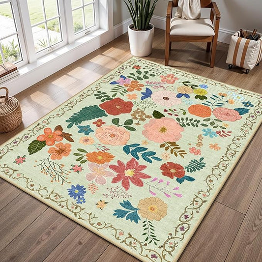 YOUFORTONG Washable Rug 3x5 Area Rugs: Soft Ultra Thin Low Pile Mat Machine Washable Indoor Doormat Lightweight Entry Rug Anti Slip Backing Rugs for Living Room Bedroom Kitchen 3'x5' Green Floral