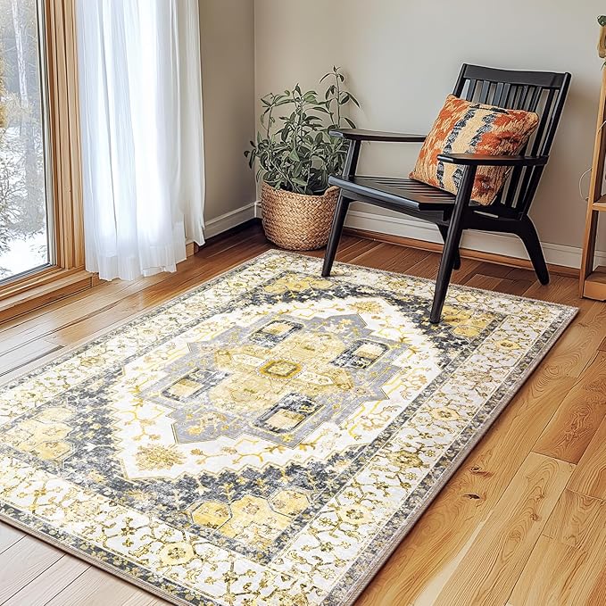 Washable 3x5 Area Rugs, Rugs for Living Room, Low-Pile Water&Stain Resistant Carpet Vintage Distressed Printed Non-Slip Carpet for Bedroom Bathroom Kitchen-Grey/Yellow