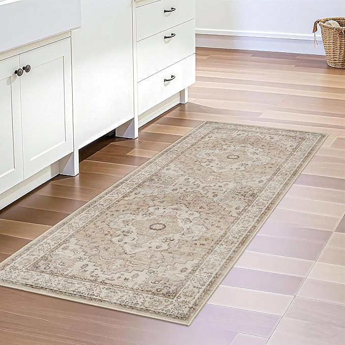 Washable Hallway Runner Rug 2x5 - Kitchen Rugs Beige Farmhouse Vintage Soft Carpet for Living Room Bedroom Bathroom Non Slip Stain Resistant Home Decor (2x5,Beige)