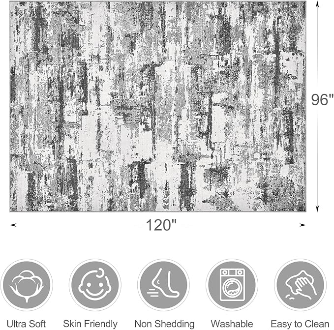 Area Rugs for Living Room: 8x10 Abstract Washable Rug Modern Neutral Large Soft Stain Resistant Non-Slip Backing Machine Table for Bedroom Dining Room Indoor Home Office Carpet - Black Grey