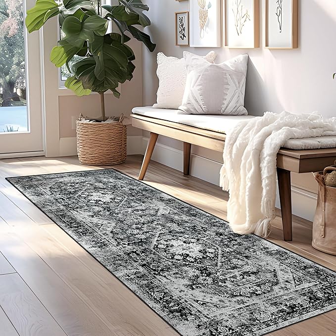 MUJOO Black Rug Washable Runner Rug for Kitchen Bathroom Entryway Non Slip Carpet Throw Rugs for Hallway Bedside Laundry Room Long Boho Area Rug Soft Floral Home Decor 2'x6'