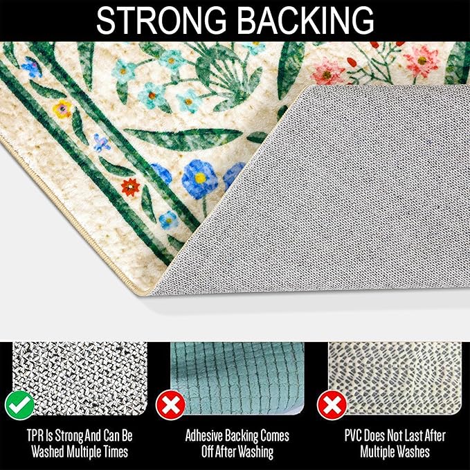 Vintage Floral Entryway Rug Washable, Thin Pile Oriental Distressed 5x7 Indoor Carpet Stain Resistant, Country Boho Flowers Cute Green Area Rug for Bedroom Dining Living Room Kitchen Nursery Dorm