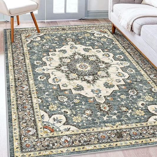 Washable Oriental Area Rug - 5x8 Rugs for Living Room Soft Carpet for Bedroom Waterproof Floral Distressed Indoor Stain Resistant Non-Shedding Floor Carpets (Blue, 5x8)
