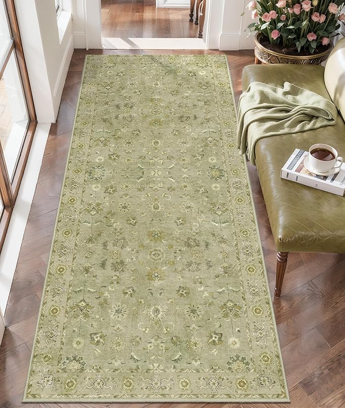 2x6 Washable Runner Rug for Hallways, Non Slip Floral Vintage Runner, Soft Low Pile Long Rug, Print Distressed Flaxen Green Carpet Runners for Kitchen Bedroom Entryway Living Room