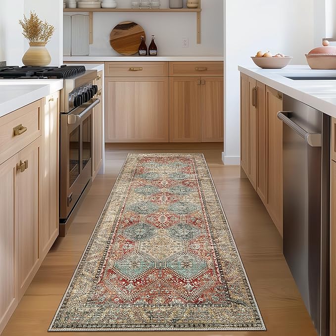 Bavni 2x5 Runner Rug Non Slip, Machine Washable Rug Runners for Hallways, Vintage Distressed Print Kitchen Runner, Low Pile Lightweight Carpet Runner for Entryway Laundry Bedroom Bathroom Blue/Tan/Red