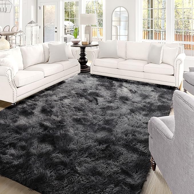 RUGTUDER 5x8 Fluffy Tie-Dyed Dark Grey Rug, Bedside Preppy Dorm Area Rug for Kids Room, Non-Slip Shaggy Design Rugs for Boys Living Room, Baby Nursery, Indoor Modern Plush Home Decor Aesthetic