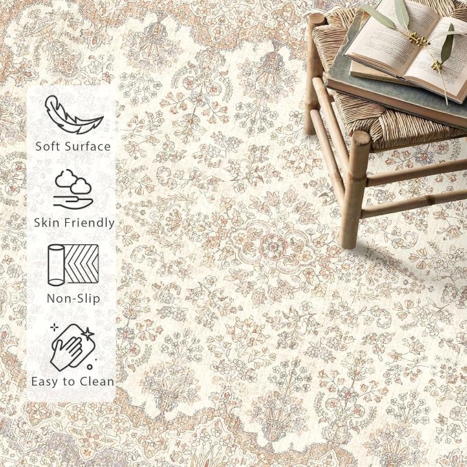 Boho Rug 3x5 Area Rugs, Washable Vintage Rug for Bedroom Living Room Kitchen Office Laundry Room, Non Slip Small Soft Rugs Retro Distressed Floor Carpet, Beige