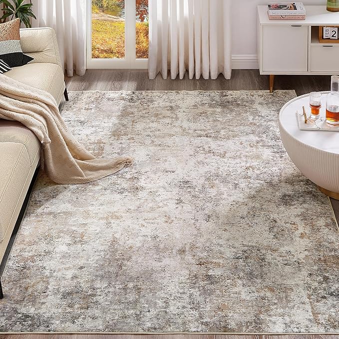 10x12 Area Rug Living Room Rugs - Washable Neutral Modern Abstract Soft Thin Large Rug Indoor Floor No Slip Rug Carpet for Bedroom Under Dining Table Home Office Decor - Brown Grey
