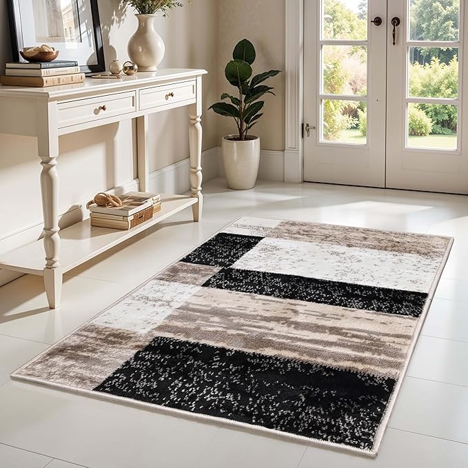 Superior Indoor Area Rug, Jute Backing, Plush Modern Rugs for Entryway, Kitchen Floors, Office Floor Cover, Color Block Rugs, Rockwood Collection, 3' x 5', Ivory/Beige