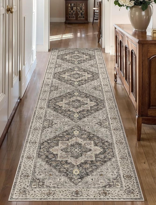 2x10 Washable Runner Rug for Hallways, Non Slip Vintage Runner Rug, Soft Low Pile Long Runner, Print Distressed Brown/Grey Carpet Runners for Kitchen Bedroom Entryway Bathroom Living Room