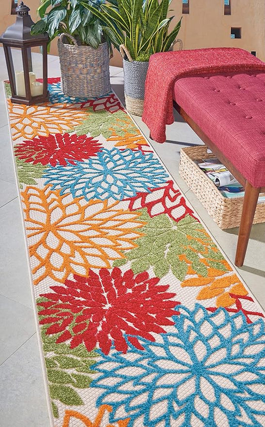 Nourison Aloha Indoor/Outdoor Floral Green Multicolor 2'3"X12' Area Rug Runner (2'x12')