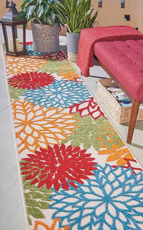 Nourison Aloha Indoor/Outdoor Floral Green Multicolor 2'3"X12' Area Rug Runner (2'x12')
