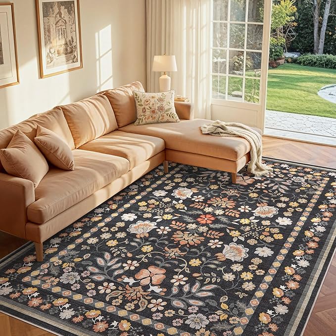 6x9 Area Rug Living Room Rugs - Washable Boho Vintage Floral Large Soft Non Slip Thin Rug Low Pile Carpet for Bedroom Dining Room Kids Playroom Office Decor Indoor- Black Grey