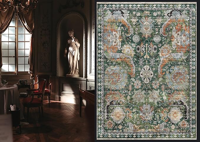 Washable Area Rugs - Perfect for Living Room, Bedroom, Kids Room, Nursery - Stain & Water Resistant Non-Slip, Pet & Child Friendly, Vintage Tribal Area Rugs (Green, 5' x 7')