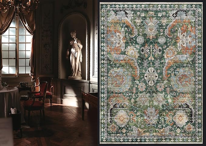 Washable Area Rugs - Perfect for Living Room, Bedroom, Kids Room, Nursery - Stain & Water Resistant Non-Slip, Pet & Child Friendly, Vintage Tribal Area Rugs (Green, 8' x 10')