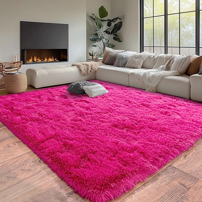 Hot Red Fluffy Rug for Bedroom 4x5.9 ft - Ultra Soft & Non Slip Shaggy Area Rug, Comfy Durable Carpet for Living Room Kids Room Teens Dorm Home Decor, 1.7'' Thick Indoor Plush Carpets