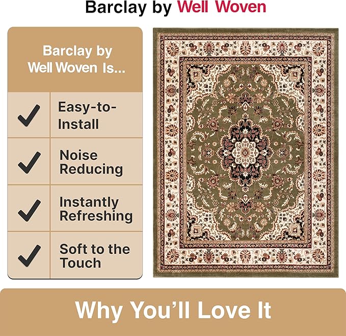 Well Woven Barclay Collection Medallion Kashan Green 8 ft Round Rug - for Living Room, Bedroom, and Dining Room