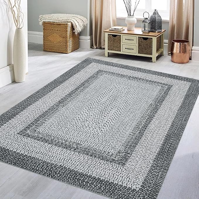 Printed Washable Rugs 3x5 Rug for Living Room Modern Rug Non Slip Entryway Rug Braided Pattern Soft Low Pile Non Shedding Stain Resistant Carpet for Bedroom Office Nursery 3'x5' Grey