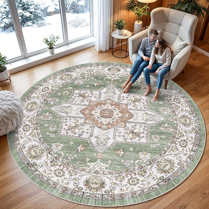 RUUGME Washable 9 ft Round Area Rug - Large Boho Rugs for Living Room Stain Resistant Carpet Vintage Tribal Rugs for Bedroom Kitchen Bathroom with Non Slip Backing Floor Decoration Mat 9ft Sage