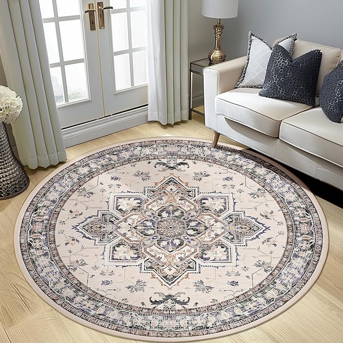 BESTSWEETIE 6ft Area Rugs for Living Room, Washable Ultra Soft Boho Vintage Print Pattern Rug Non Slip Low Pile Carpet for Dining Room Bedroom Entryway Indoor-Khaki/Beige/Purple/Black