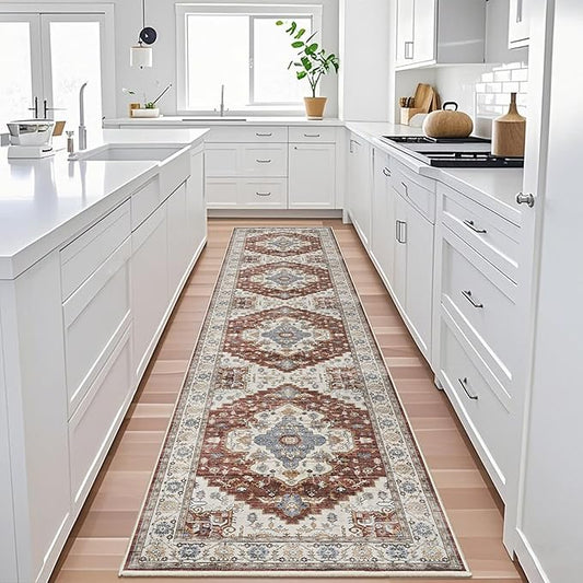 Washable Kitchen Runner Rug 3x12: Rus for Hallway Non Slip Water Resistant Light Weight Carpet for Bathroom Living Room - Long Ultra Soft Runners - Bedroom Floor Decor for Home (3x12,Brick)
