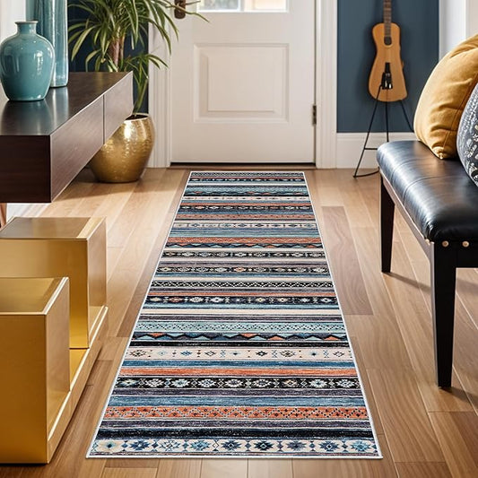 2x6 Runner Rug Washable: Non-Slip Southwestern Striped Carpet for Hallway Kitchen Entry - Farmhouse Low Pile Stain Resistant Long Thin Front Door Mat 2x6 Blue/Black/Multi