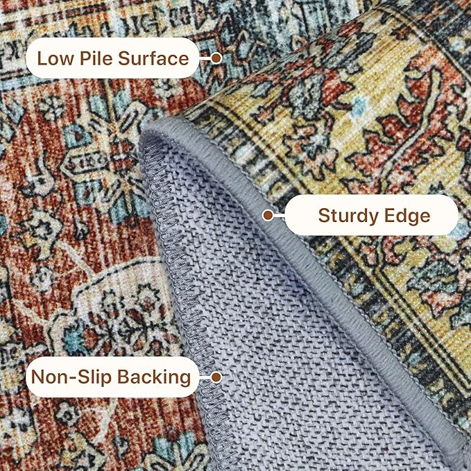 Bavni 8x10 Area Rugs for Living Room, Machine Washable Rug Non Slip, Vintage Chenille Distressed Print Carpet, Large Low Pile Ultra-Thin Lightweight Rugs for Bedroom, Dining Room, Office, Blue/Tan/Red