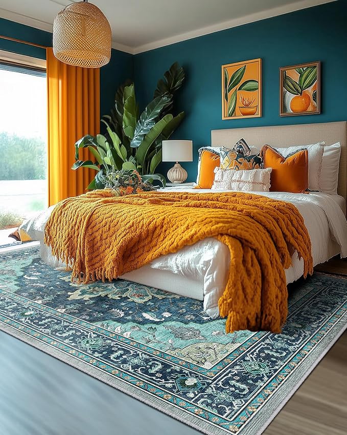 Area Rugs Square 8ft Washable Non-Slip, Floral Vintage Distress Print Pattern Medallion Carpet for Living Room Bedroom Dining Room, Teal Green Lake Blue