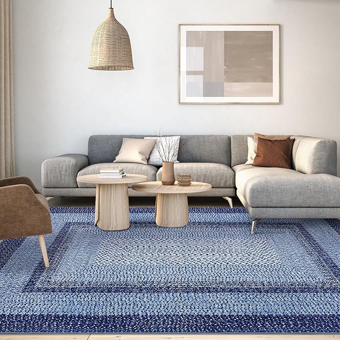 Washable Area Rugs 4x6 Rug for Living Room Indoor Mats for Entryway Soft Bedroom Rug Non Slip Modern Braided Print Area Rug Farmhouse Throw Rugs Low Pile Stain Resistant Carpet 4'x6' Navy Blue