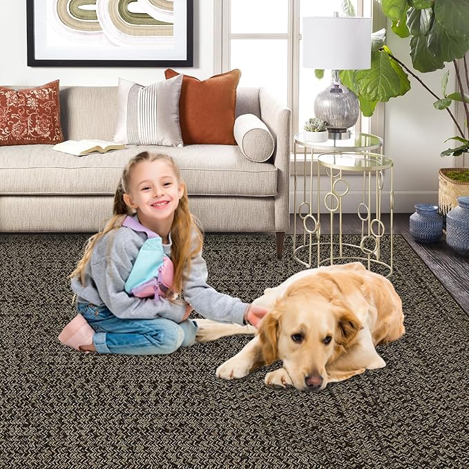 Washable Rug 9x12 Area Rug for Bedroom Print Braided Modern Living Room Rug Soft Large Area Rug Non Slip Throw Rugs Stain Resistant Carpet for Nursery Dining Room Office 9'x12' Black/Brown