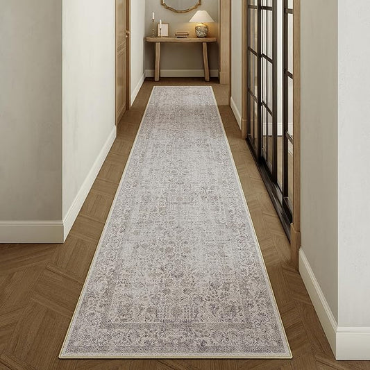 Taupe Runner Rug 2x12 Hallway Machine Washable Kitchen Vintage Distressed Non Slip Long Carpet Indoor Retro Floral Bedroom Accent Throw Rug for Bathroom Office Laundry Dining Living Room