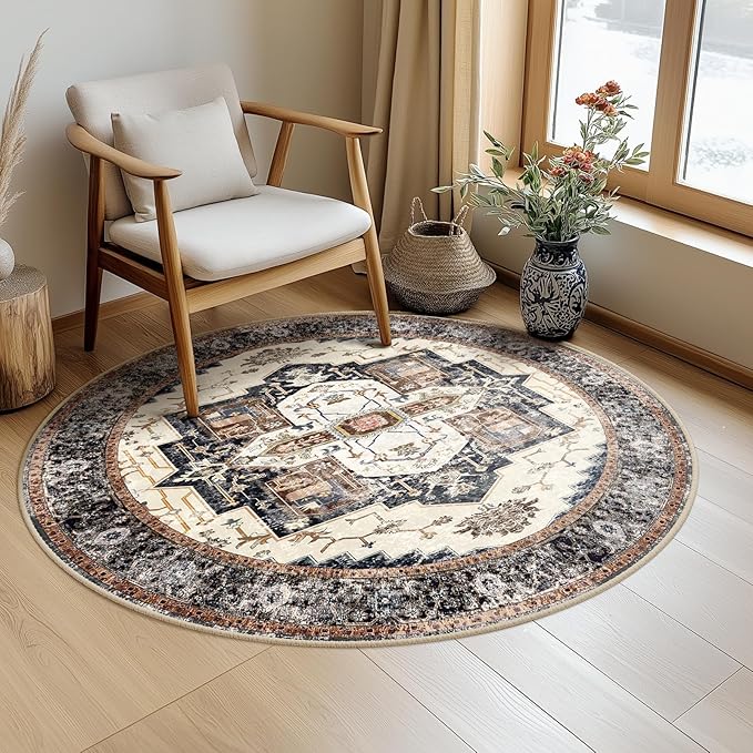 Washable 6ft Area Rugs, Rugs for Living Room, Low-Pile Water&Stain Resistant Carpet Vintage Distressed Printed Non-Slip Carpet for Bedroom Bathroom Kitchen-Light Yellow/Choco/Brown/Navy Blue